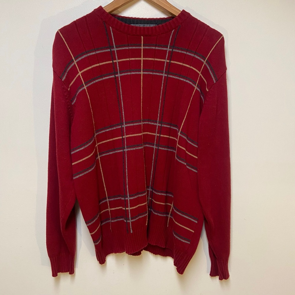Oscar de la‎ Renta Sweater Mens XXL Red Plaid Crew Neck Cotton Knit